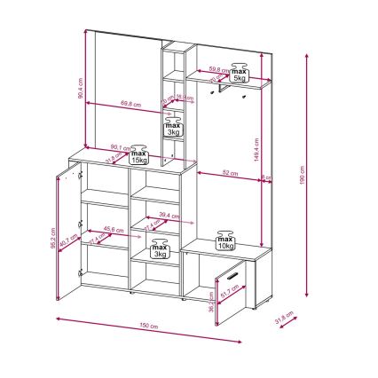 Meuble mural d'entrée KEVIN avec miroir, brun/noir