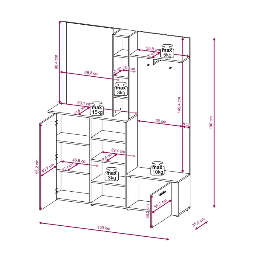 Meuble mural d'entrée KEVIN avec miroir, brun/noir