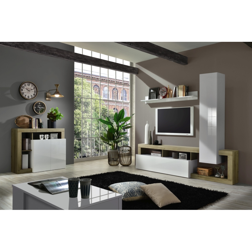 Meuble mural pour salon LENOR blanc/marron