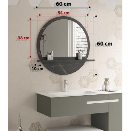 Miroir mural avec une étagère d. 60 cm noir