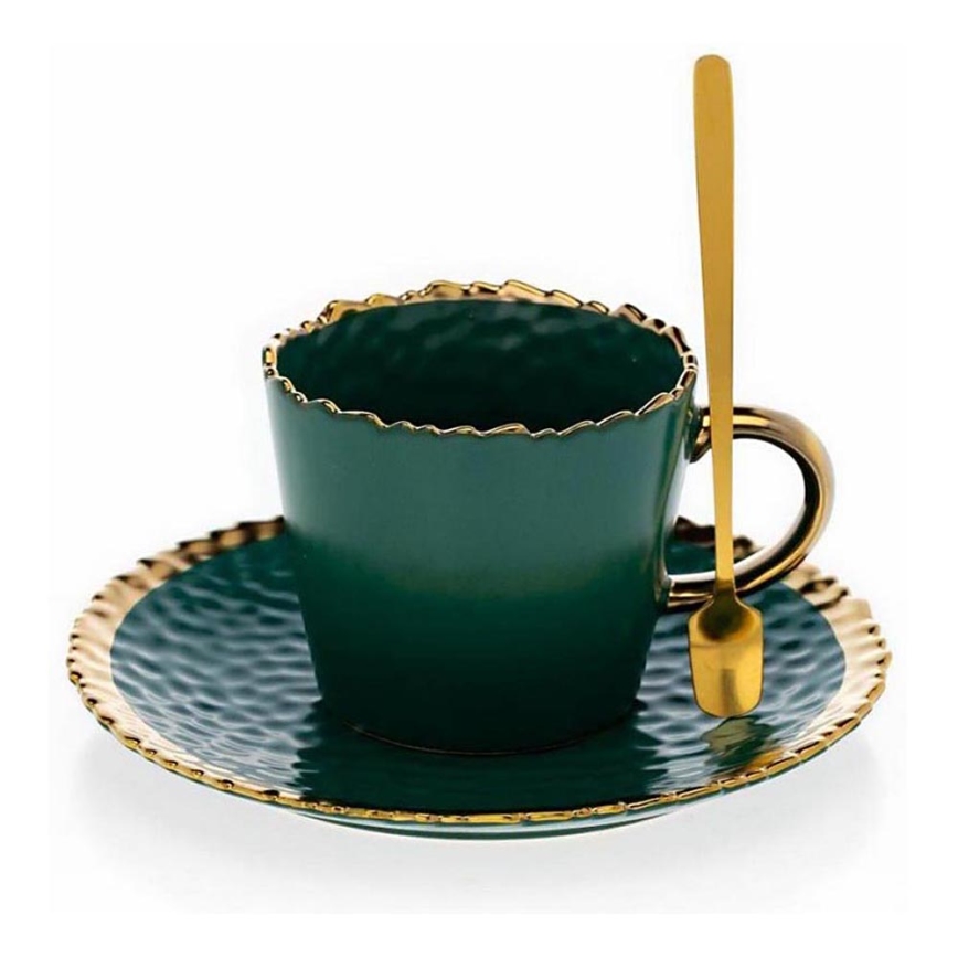 Mug avec sous-tasse et cuillère VALIA vert/doré