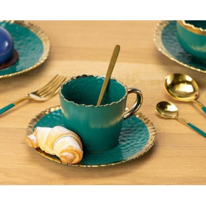 Mug avec sous-tasse et cuillère VALIA vert/doré