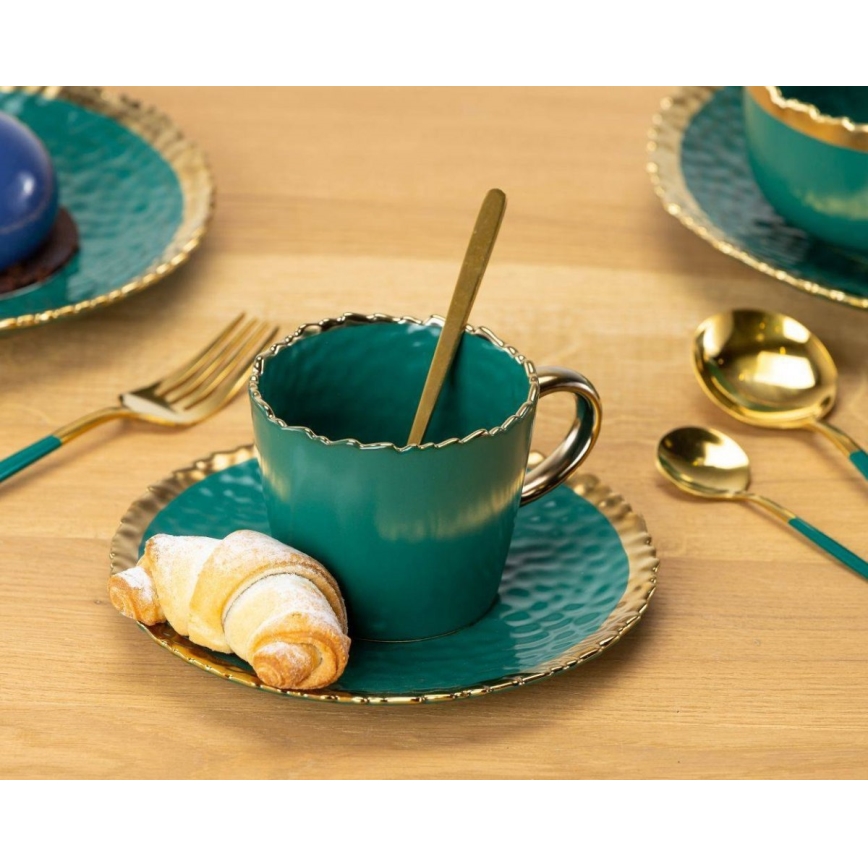 Mug avec sous-tasse et cuillère VALIA vert/doré