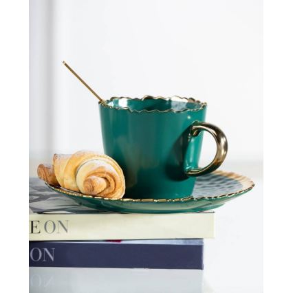 Mug avec sous-tasse et cuillère VALIA vert/doré