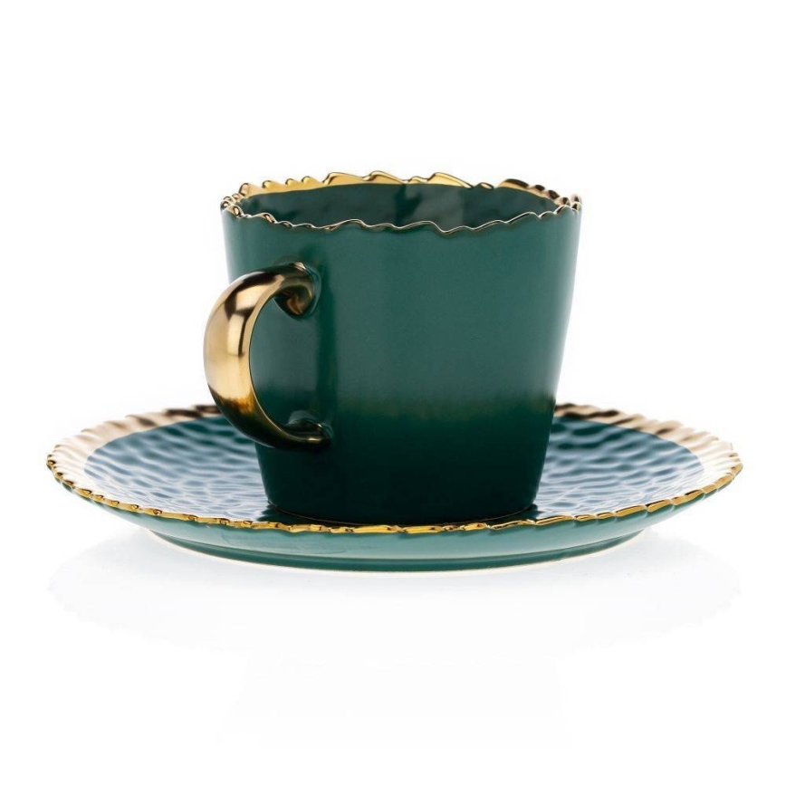 Mug avec sous-tasse et cuillère VALIA vert/doré