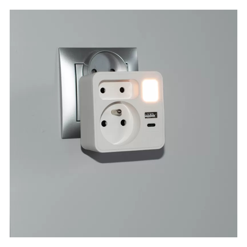 Bloc multiprise 2 prises + USB-C + USB-A avec éclairage LED 0,5W/230V 3000K