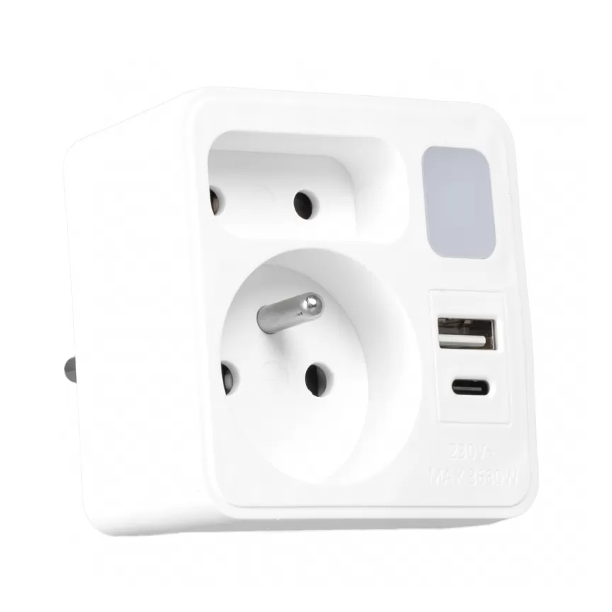 Bloc multiprise 2 prises + USB-C + USB-A avec éclairage LED 0,5W/230V 3000K