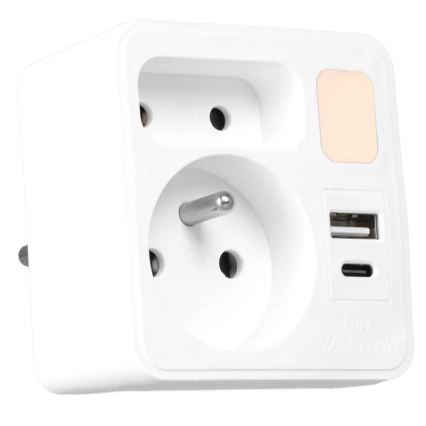 Bloc multiprise 2 prises + USB-C + USB-A avec éclairage LED 0,5W/230V 3000K