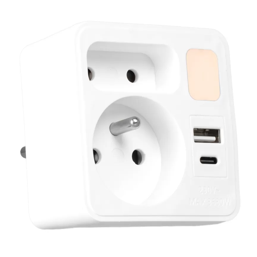 Bloc multiprise 2 prises + USB-C + USB-A avec éclairage LED 0,5W/230V 3000K