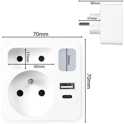 Bloc multiprise 2 prises + USB-C + USB-A avec éclairage LED 0,5W/230V 3000K