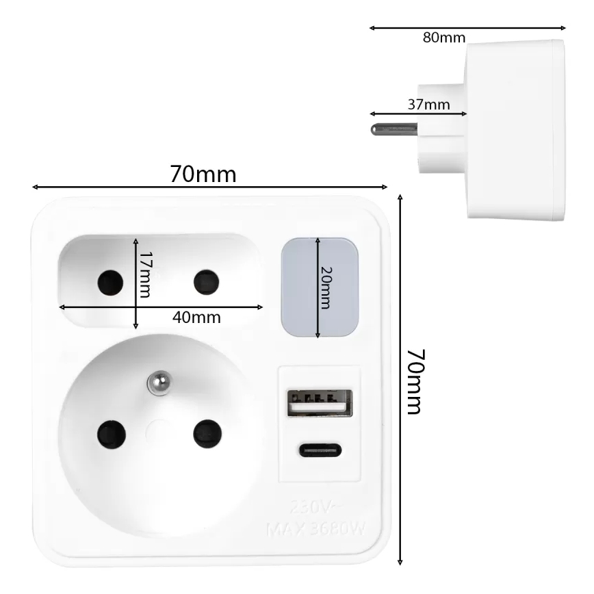 Bloc multiprise 2 prises + USB-C + USB-A avec éclairage LED 0,5W/230V 3000K