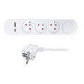 Multiprise 3 prises avec interrupteur et ports USB‑A et USB‑C, câble 2 m