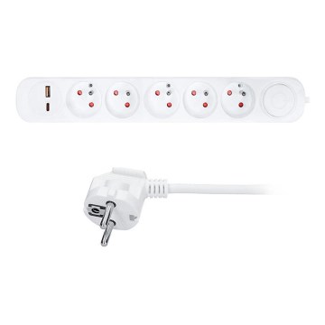 Multiprise 5 prises avec interrupteur et ports de charge USB-A et USB-C, câble 3 m