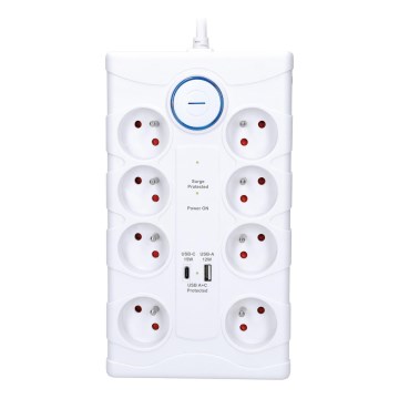 Multiprise 8 prises Type E avec interrupteur et protection contre les surtensions + 1x USB-A + 1x USB-C, 2 m, blanche