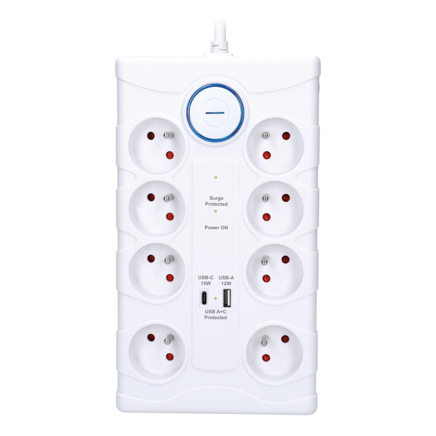 Multiprise 8 prises Type E avec interrupteur et protection contre les surtensions + 1x USB-A + 1x USB-C, 2 m, blanche