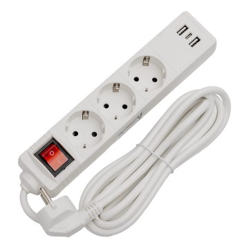 Multiprise avec interrupteur 3 prises+2xUSB-A+1xUSB-C 3m SCHUKO blanche