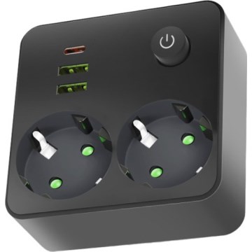 Multiprise avec interrupteur LINEA 2x 230 V + 3x USB A/C, prises SCHUKO, noire