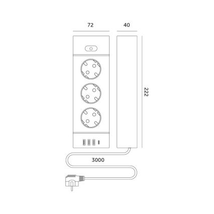 Multiprise avec interrupteur LINEA PRO 3x230V + 3xUSB-A + 1xUSB-C SCHUKO 3 m blanche