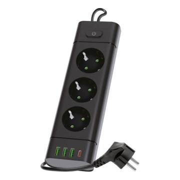 Multiprise avec interrupteur LINEA PRO 3x230V + 3xUSB-A + 1xUSB-C SCHUKO 3 m noire