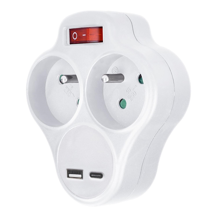 Solight P99USBC- Multiprise avec un chargeur USB A+C et interrupteur 2x10A  blanc