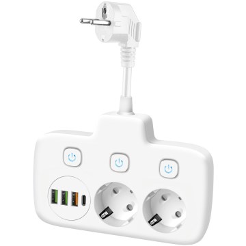 Multiprise LINEA avec interrupteur, 2 prises 230 V Schuko et 4 ports USB-A/USB-C, blanche