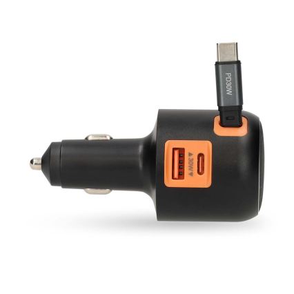 Chargeur de voiture compact à câble rétractable Power Delivery 30 W — 2xUSB-C + 1xUSB-A