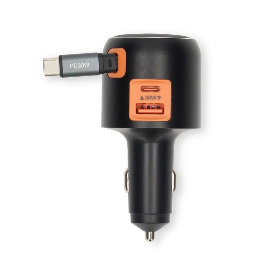 Chargeur de voiture compact à câble rétractable Power Delivery 30 W — 2xUSB-C + 1xUSB-A