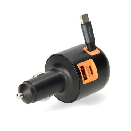 Chargeur de voiture compact à câble rétractable Power Delivery 30 W — 2xUSB-C + 1xUSB-A