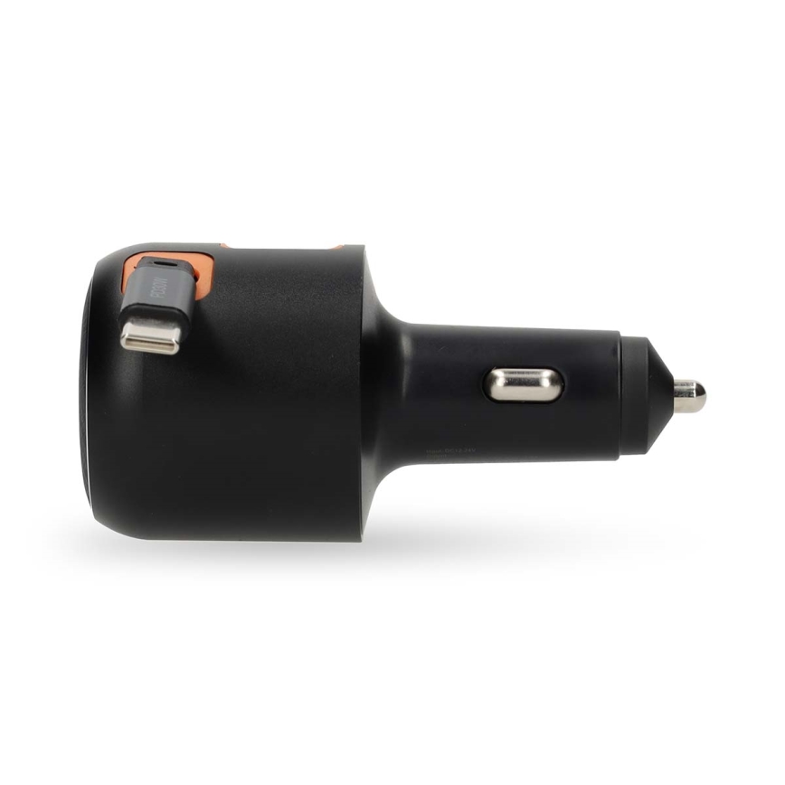 Chargeur de voiture compact à câble rétractable Power Delivery 30 W — 2xUSB-C + 1xUSB-A