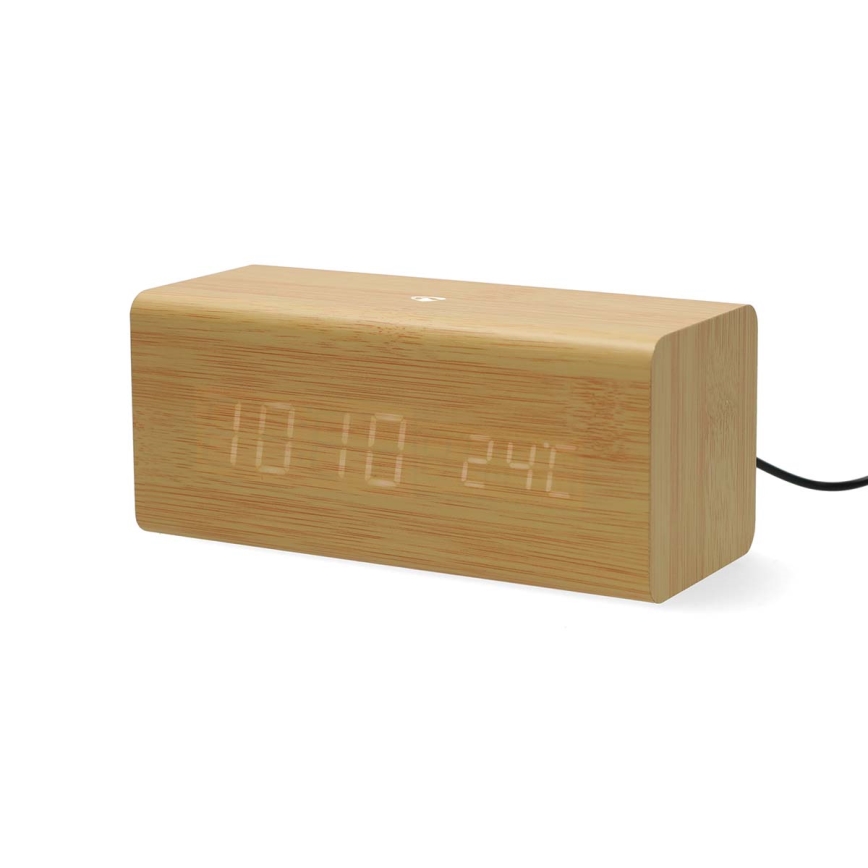 Réveil numérique à écran LED avec thermomètre — alimentation 5V et 1x CR2032, boîtier en bois