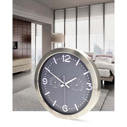 Horloge murale avec thermomètre et hygromètre Ø 30,5 cm, fonctionne avec 1 pile AA, boîtier inox/gris