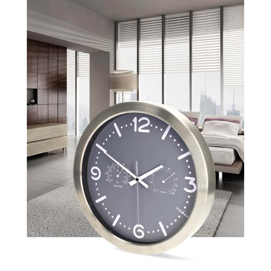 Horloge murale avec thermomètre et hygromètre Ø 30,5 cm, fonctionne avec 1 pile AA, boîtier inox/gris