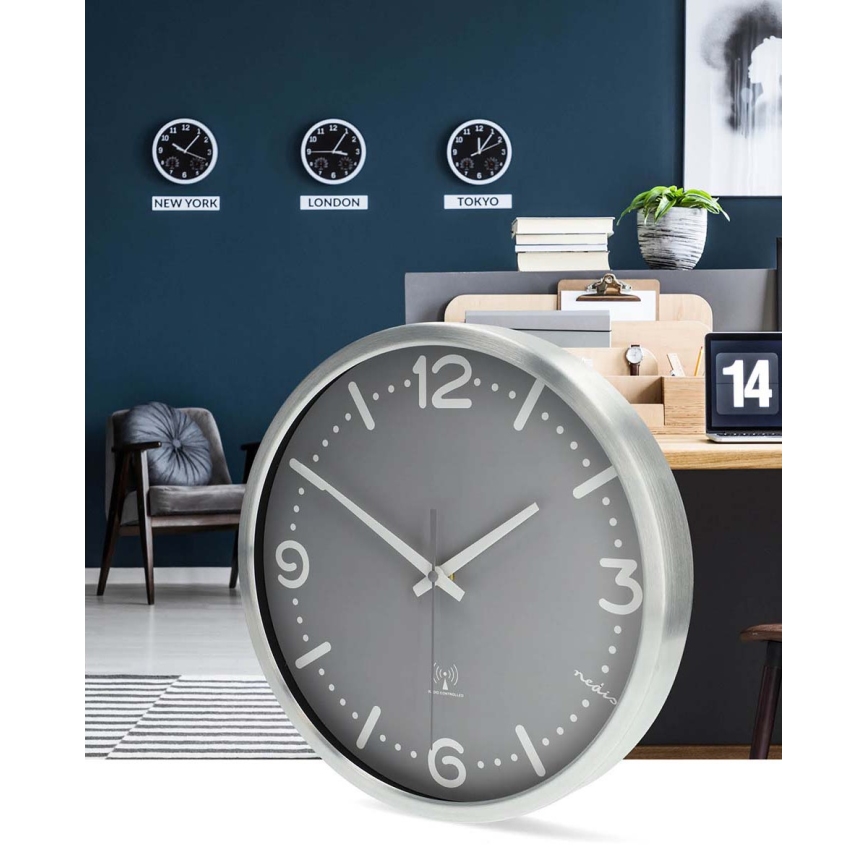 Horloge murale Ø 30,5 cm, 1xAA, chrome mat/gris