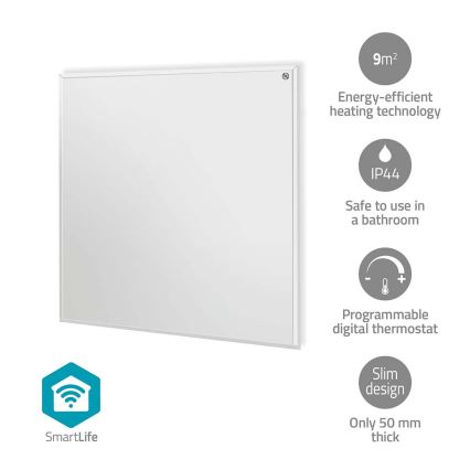 Panneau chauffant infrarouge 350 W / 230 V 59,8 x 62 cm IP44 Wi‑Fi Tuya + télécommande