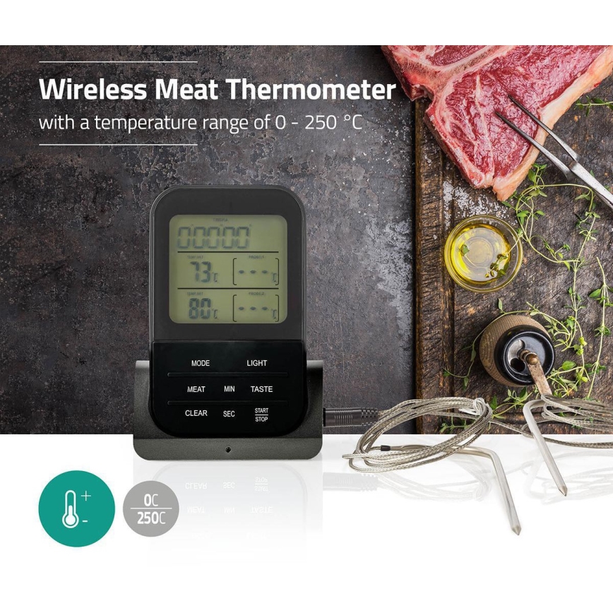 Thermomètre à viande sans fil avec écran LCD et minuteur 0-250 °C