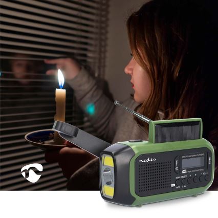 Radio DAB+/FM à manivelle avec panneau solaire et lampe torche LED 5V/2500 mAh vert/noir
