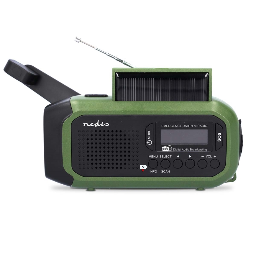Radio DAB+/FM à manivelle avec panneau solaire et lampe torche LED 5V/2500 mAh vert/noir