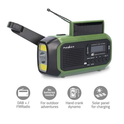 Radio DAB+/FM à manivelle avec panneau solaire et lampe torche LED 5V/2500 mAh vert/noir