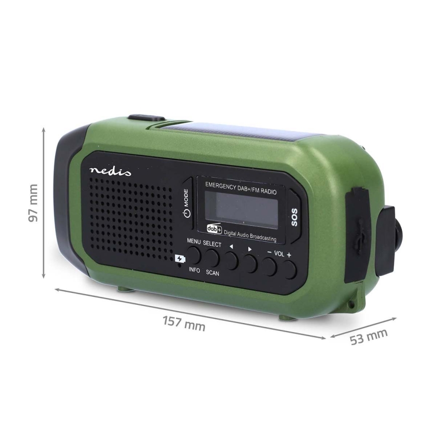 Radio DAB+/FM à manivelle avec panneau solaire et lampe torche LED 5V/2500 mAh vert/noir