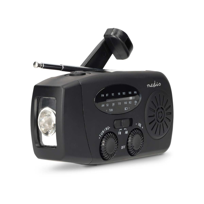 Radio AM/FM à manivelle avec panneau solaire et lampe torche LED — batterie 2000 mAh