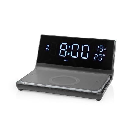 Réveil avec écran LCD et chargeur sans fil 15W/230V noir