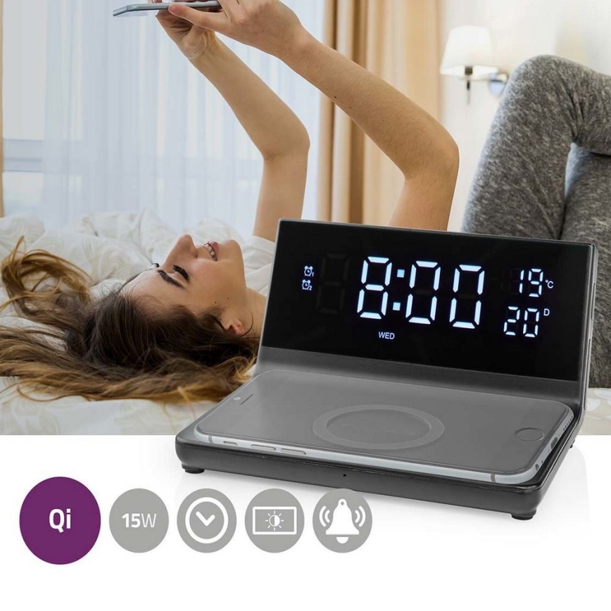 Réveil avec écran LCD et chargeur sans fil 15W/5V + 1xCR2032 noir