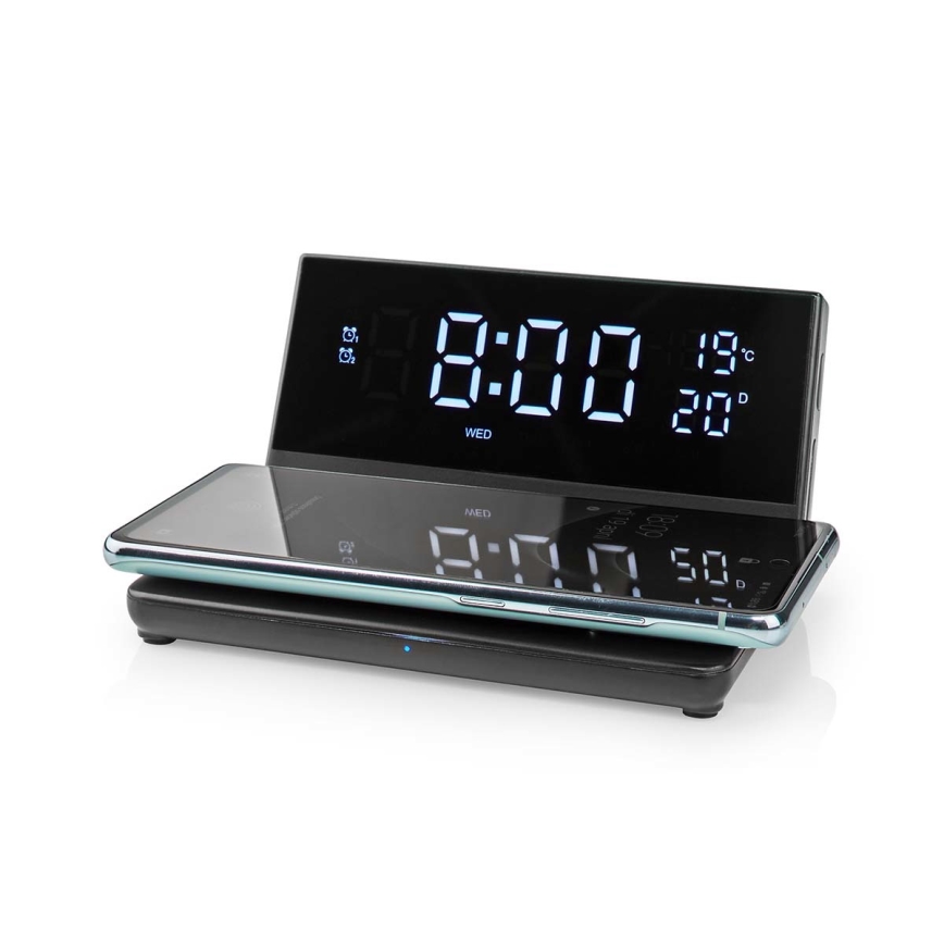 Réveil avec écran LCD et chargeur sans fil 15W/5V + 1xCR2032 noir