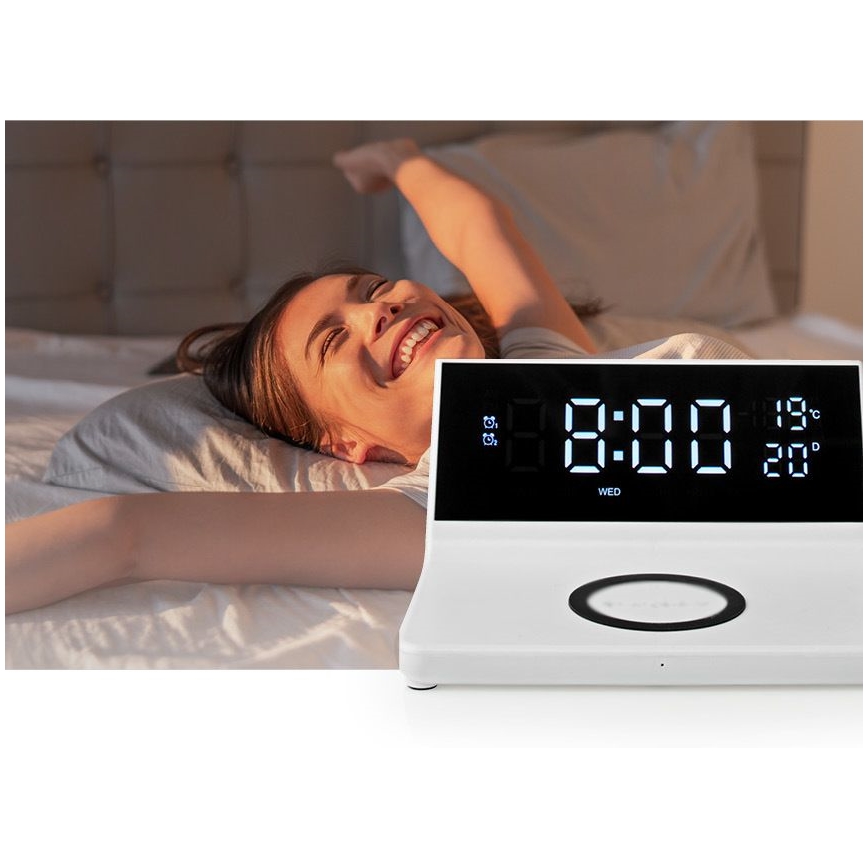 Réveil avec écran LCD et chargeur sans fil 15W/230V blanc