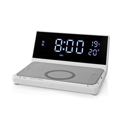 Réveil avec écran LCD et chargeur sans fil 15W/230V blanc