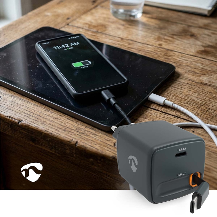 Chargeur à câble rétractable Power Delivery 65 W, 2 ports USB-C, noir