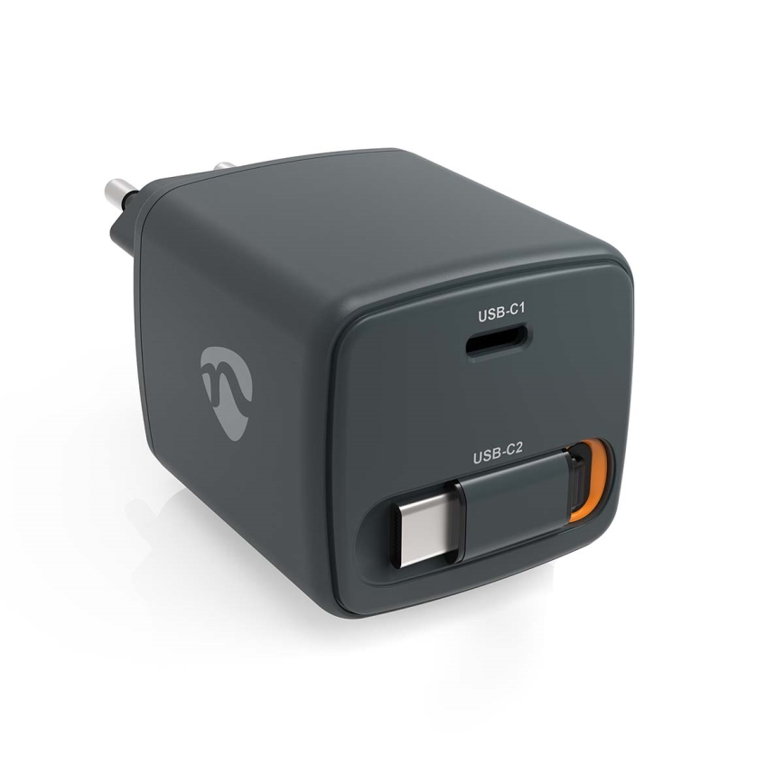 Chargeur à câble rétractable Power Delivery 65 W, 2 ports USB-C, noir