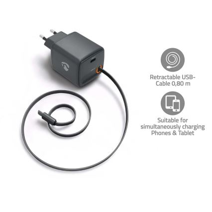 Chargeur à câble rétractable Power Delivery 65 W, 2 ports USB-C, noir