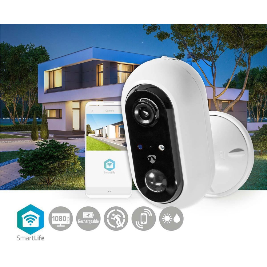 Nedis WIFICBO20WT- Caméra connectée extérieure avec un détecteur PIR SmartLife 1080p  5V/5200mAh Wi-Fi IP65