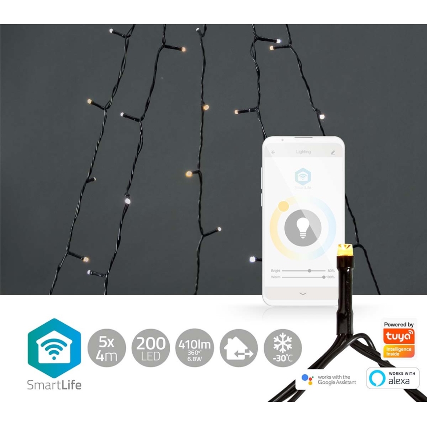 Rideau LED de Noël d'extérieur 200 LED / 8 fonctions 5 x 4 m IP65 Wi‑Fi Tuya blanc chaud à blanc froid